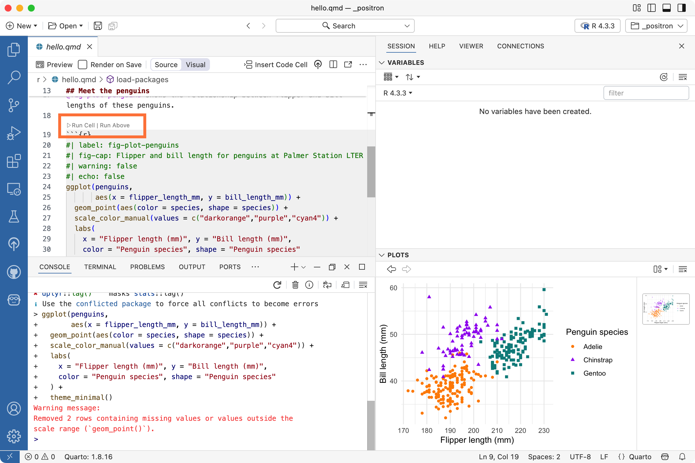 A Positron session with `hello.qmd` open in the Editor. An orange box highlights the button 'Run Cell' above a code cell with the label `plot-penguins`. The Console shows an executed line of code ending in `theme_minimal()` and the Plots pane shows a scatterplot of penguin flipper and bill length.